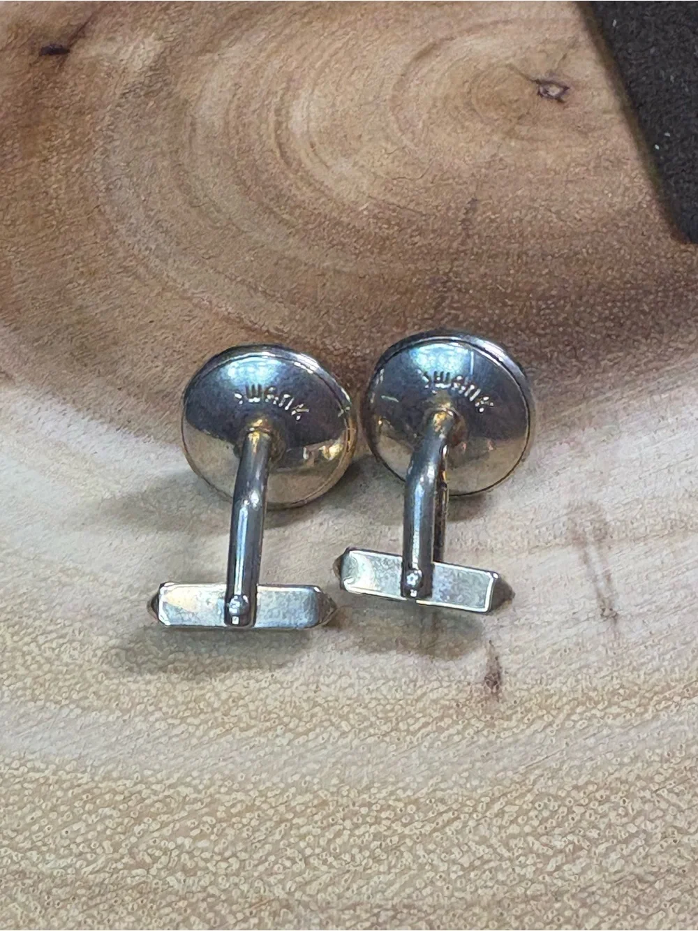 SWANK Silver Round Cufflinks with Deep Blue Glass